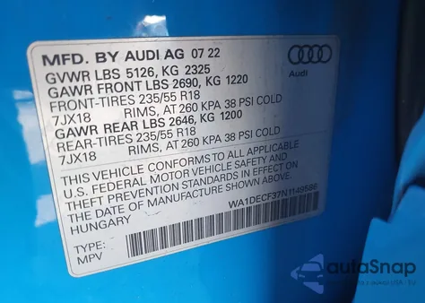 2022 Audi Q3 Premium 45 Tfsi S Line Quattro Tiptronic z USA, uszkodzony, nr VIN WA1DECF37N1149586